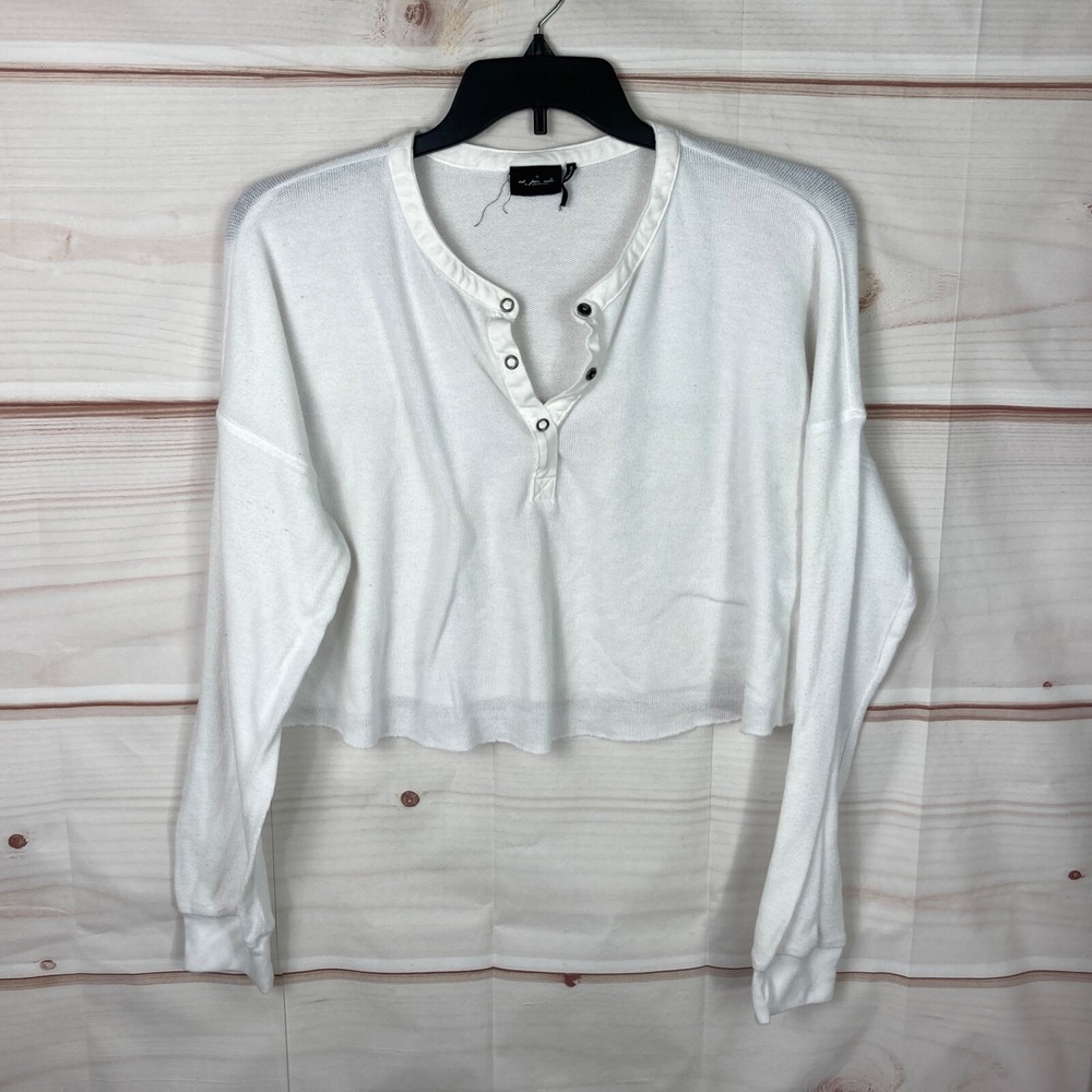 Out From Under Top Womens XL White Crop Snap Henley T-Shirt Long Sleeve Knit